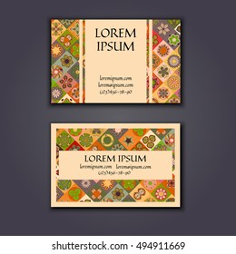 Vector Business card Design Template with Ornamental geometric mandala pattern. Vintage decorative elements. Hand drawn tile background. Islam, Arabic, Indian, ottoman motifs.