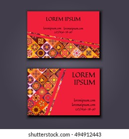 Vector Business card Design Template with Ornamental geometric mandala pattern. Vintage decorative elements. Hand drawn tile background. Islam, Arabic, Indian, ottoman motifs.