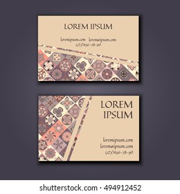 Vector Business card Design Template with Ornamental geometric mandala pattern. Vintage decorative elements. Hand drawn tile background. Islam, Arabic, Indian, ottoman motifs.