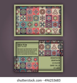 Vector Business card Design Template with Ornamental geometric mandala pattern. Vintage decorative elements. Hand drawn tile background. Islam, Arabic, Indian, ottoman motifs.
