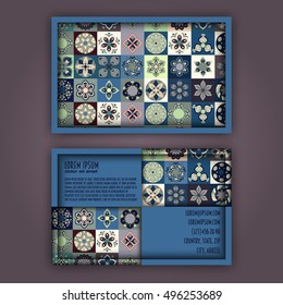 Vector Business card Design Template with Ornamental geometric mandala pattern. Vintage decorative elements. Hand drawn tile background. Islam, Arabic, Indian, ottoman motifs.