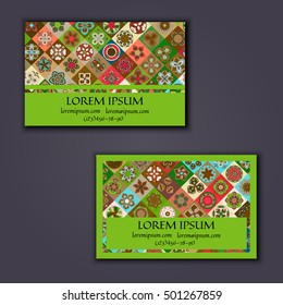 Vector Business card Design Template with Ornamental geometric mandala pattern. Vintage decorative elements. Hand drawn tile background. Islam, Arabic, Indian, ottoman motifs.