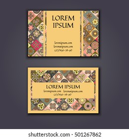 Vector Business card Design Template with Ornamental geometric mandala pattern. Vintage decorative elements. Hand drawn tile background. Islam, Arabic, Indian, ottoman motifs.