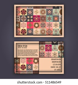 Vector Business card Design Template with Ornamental geometric mandala pattern. Vintage decorative elements. Hand drawn tile background. Islam, Arabic, Indian, ottoman motifs.
