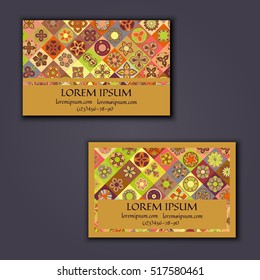 Vector Business card Design Template with Ornamental geometric mandala pattern. Vintage decorative elements. Hand drawn tile background. Islam, Arabic, Indian, ottoman motifs.