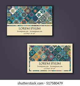 Vector Business card Design Template with Ornamental geometric mandala pattern. Vintage decorative elements. Hand drawn tile background. Islam, Arabic, Indian, ottoman motifs.