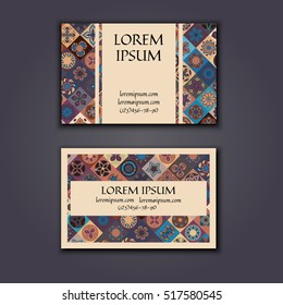 Vector Business card Design Template with Ornamental geometric mandala pattern. Vintage decorative elements. Hand drawn tile background. Islam, Arabic, Indian, ottoman motifs.