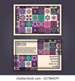 Vector Business card Design Template with Ornamental geometric mandala pattern. Vintage decorative elements. Hand drawn tile background. Islam, Arabic, Indian, ottoman motifs.
