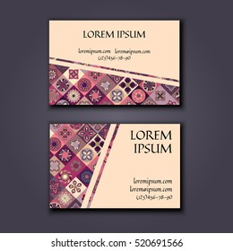Vector Business card Design Template with Ornamental geometric mandala pattern. Vintage decorative elements. Hand drawn tile background. Islam, Arabic, Indian, ottoman motifs.
