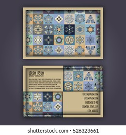 Vector Business card Design Template with Ornamental geometric mandala pattern. Vintage decorative elements. Hand drawn tile background. Islam, Arabic, Indian, ottoman motifs.