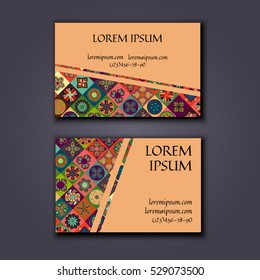 Vector Business card Design Template with Ornamental geometric mandala pattern. Vintage decorative elements. Hand drawn tile background. Islam, Arabic, Indian, ottoman motifs.