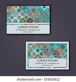 Vector Business card Design Template with Ornamental geometric mandala pattern. Vintage decorative elements. Hand drawn tile background. Islam, Arabic, Indian, ottoman motifs.