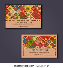 Vector Business card Design Template with Ornamental geometric mandala pattern. Vintage decorative elements. Hand drawn tile background. Islam, Arabic, Indian, ottoman motifs.