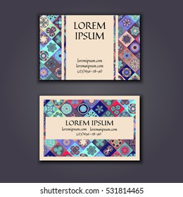 Vector Business card Design Template with Ornamental geometric mandala pattern. Vintage decorative elements. Hand drawn tile background. Islam, Arabic, Indian, ottoman motifs.