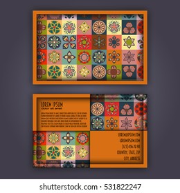 Vector Business card Design Template with Ornamental geometric mandala pattern. Vintage decorative elements. Hand drawn tile background. Islam, Arabic, Indian, ottoman motifs.