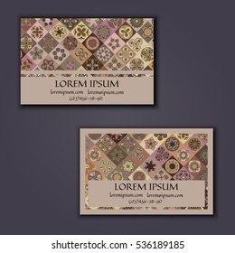 Vector Business card Design Template with Ornamental geometric mandala pattern. Vintage decorative elements. Hand drawn tile background. Islam, Arabic, Indian, ottoman motifs.