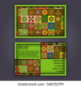 Vector Business card Design Template with Ornamental geometric mandala pattern. Vintage decorative elements. Hand drawn tile background. Islam, Arabic, Indian, ottoman motifs.