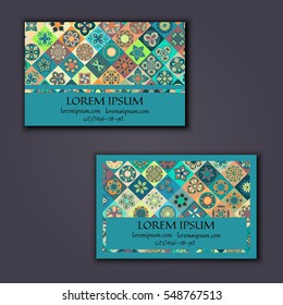 Vector Business card Design Template with Ornamental geometric mandala pattern. Vintage decorative elements. Hand drawn tile background. Islam, Arabic, Indian, ottoman motifs.