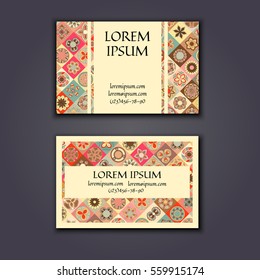 Vector Business card Design Template with Ornamental geometric mandala pattern. Vintage decorative elements. Hand drawn tile background. Islam, Arabic, Indian, ottoman motifs.