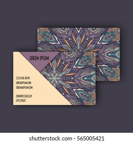 Vector Business card Design Template with Ornamental geometric mandala pattern. Vintage decorative elements. Hand drawn tile background. Islam, Arabic, Indian, ottoman motifs.