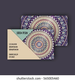 Vector Business card Design Template with Ornamental geometric mandala pattern. Vintage decorative elements. Hand drawn tile background. Islam, Arabic, Indian, ottoman motifs.