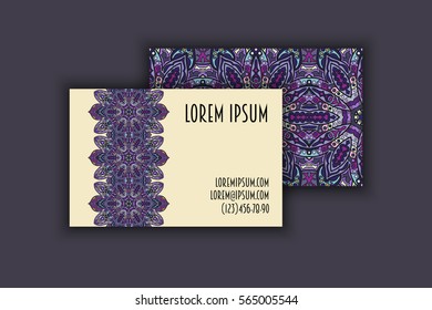 Vector Business card Design Template with Ornamental geometric mandala pattern. Vintage decorative elements. Hand drawn tile background. Islam, Arabic, Indian, ottoman motifs.