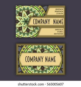 Vector Business card Design Template with Ornamental geometric mandala pattern. Vintage decorative elements. Hand drawn tile background. Islam, Arabic, Indian, ottoman motifs.