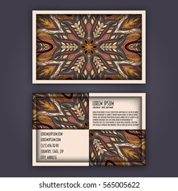Vector Business card Design Template with Ornamental geometric mandala pattern. Vintage decorative elements. Hand drawn tile background. Islam, Arabic, Indian, ottoman motifs.