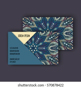 Vector Business card Design Template with Ornamental geometric mandala pattern. Vintage decorative elements. Hand drawn tile background. Islam, Arabic, Indian, ottoman motifs.
