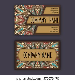 Vector Business card Design Template with Ornamental geometric mandala pattern. Vintage decorative elements. Hand drawn tile background. Islam, Arabic, Indian, ottoman motifs.