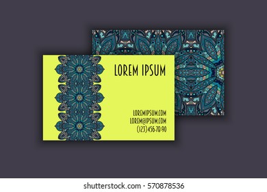 Vector Business card Design Template with Ornamental geometric mandala pattern. Vintage decorative elements. Hand drawn tile background. Islam, Arabic, Indian, ottoman motifs.