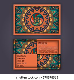 Vector Business card Design Template with Ornamental geometric mandala pattern. Vintage decorative elements. Hand drawn tile background. Islam, Arabic, Indian, ottoman motifs.