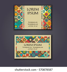 Vector Business card Design Template with Ornamental geometric mandala pattern. Vintage decorative elements. Hand drawn tile background. Islam, Arabic, Indian, ottoman motifs.