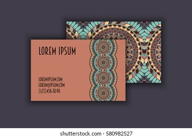 Vector Business card Design Template with Ornamental geometric mandala pattern. Vintage decorative elements. Hand drawn tile background. Islam, Arabic, Indian, ottoman motifs.