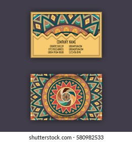 Vector Business card Design Template with Ornamental geometric mandala pattern. Vintage decorative elements. Hand drawn tile background. Islam, Arabic, Indian, ottoman motifs.