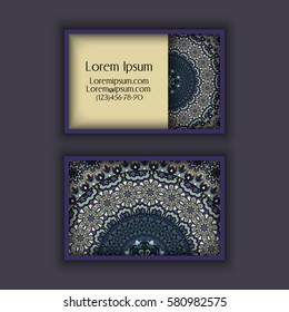 Vector Business card Design Template with Ornamental geometric mandala pattern. Vintage decorative elements. Hand drawn tile background. Islam, Arabic, Indian, ottoman motifs.