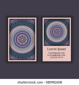 Vector Business card Design Template with Ornamental geometric mandala pattern. Vintage decorative elements. Hand drawn tile background. Islam, Arabic, Indian, ottoman motifs.