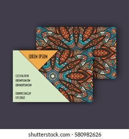 Vector Business card Design Template with Ornamental geometric mandala pattern. Vintage decorative elements. Hand drawn tile background. Islam, Arabic, Indian, ottoman motifs.