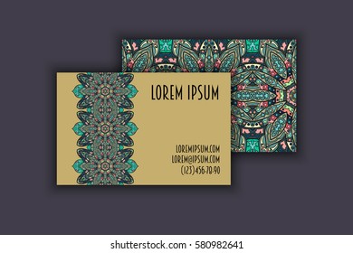 Vector Business card Design Template with Ornamental geometric mandala pattern. Vintage decorative elements. Hand drawn tile background. Islam, Arabic, Indian, ottoman motifs.