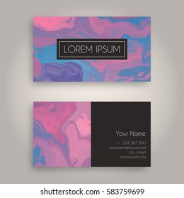 Vector Business Card Design Template With Abstract Marbled Ink Background. Hand Drawn Texture With Liquid Paint.