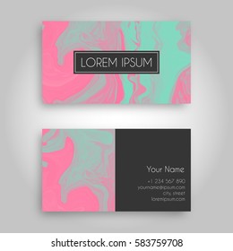 Vector business card design template with Abstract marbled ink background. Hand drawn texture with liquid paint.