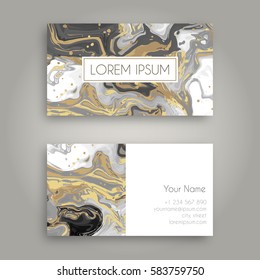 Vector business card design template with Abstract marbled ink background. Hand drawn texture with liquid paint.