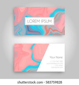 Vector business card design template with Abstract marbled ink background. Hand drawn texture with liquid paint.
