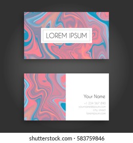 Vector business card design template with Abstract marbled ink background. Hand drawn texture with liquid paint.