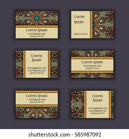 Vector Business card Design Template with Ornamental geometric mandala pattern. Vintage decorative elements. Hand drawn tile background. Islam, Arabic, Indian, ottoman motifs.
