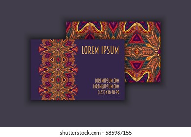 Vector Business card Design Template with Ornamental geometric mandala pattern. Vintage decorative elements. Hand drawn tile background. Islam, Arabic, Indian, ottoman motifs.