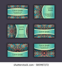 Vector Business card Design Template with Ornamental geometric mandala pattern. Vintage decorative elements. Hand drawn tile background. Islam, Arabic, Indian, ottoman motifs.