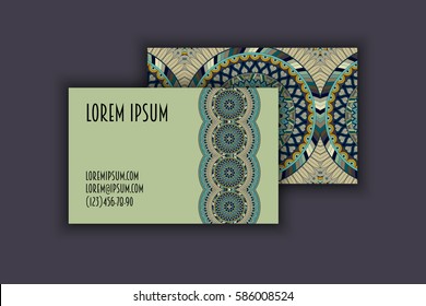 Vector Business card Design Template with Ornamental geometric mandala pattern. Vintage decorative elements. Hand drawn tile background. Islam, Arabic, Indian, ottoman motifs.