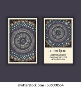 Vector Business card Design Template with Ornamental geometric mandala pattern. Vintage decorative elements. Hand drawn tile background. Islam, Arabic, Indian, ottoman motifs.