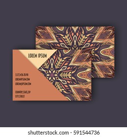 Vector Business card Design Template with Ornamental geometric mandala pattern. Vintage decorative elements. Hand drawn tile background. Islam, Arabic, Indian, ottoman motifs.